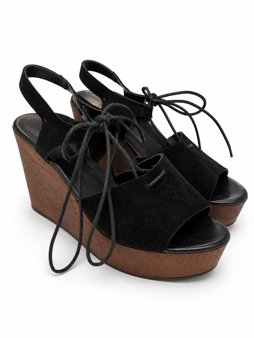 Asos Retro Wedge Sandals Wood Look Womens Size US 7 Black Suede Lace-Up Platform